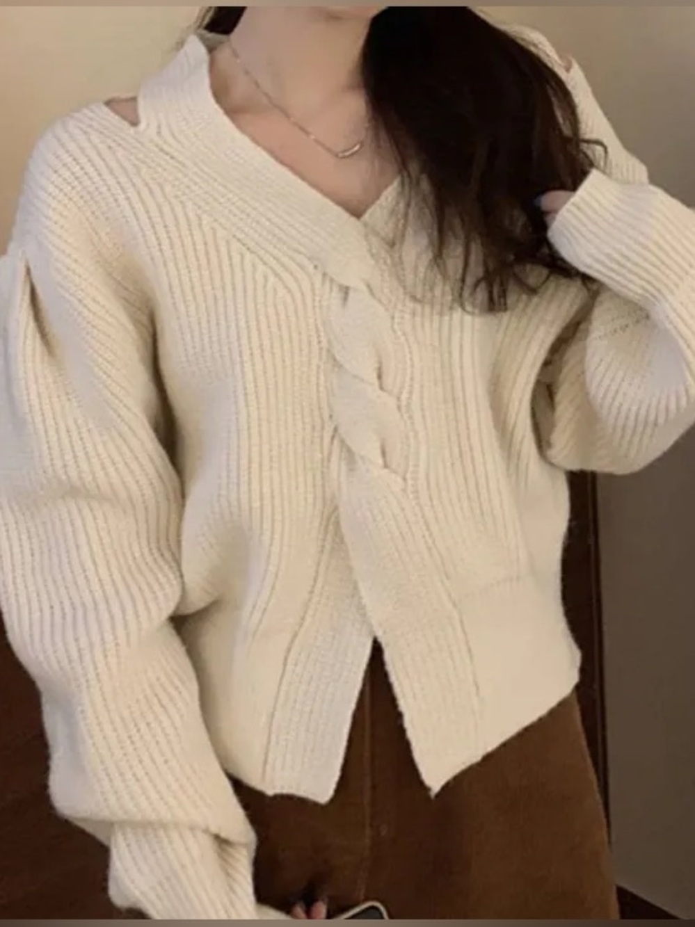 Korean Fashion Moong-Chi Cream Cutout V-Neck Chunky Rib Cable Knit Front Sweater
